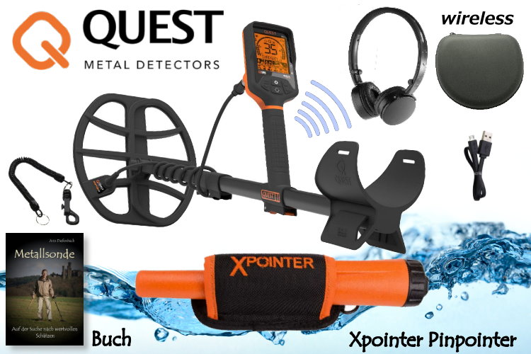 QUEST Q35 Metalldetektor mit Funkkopfhörer & Xpointer Pinpointer (orange) & Schatzsucherhandbuch